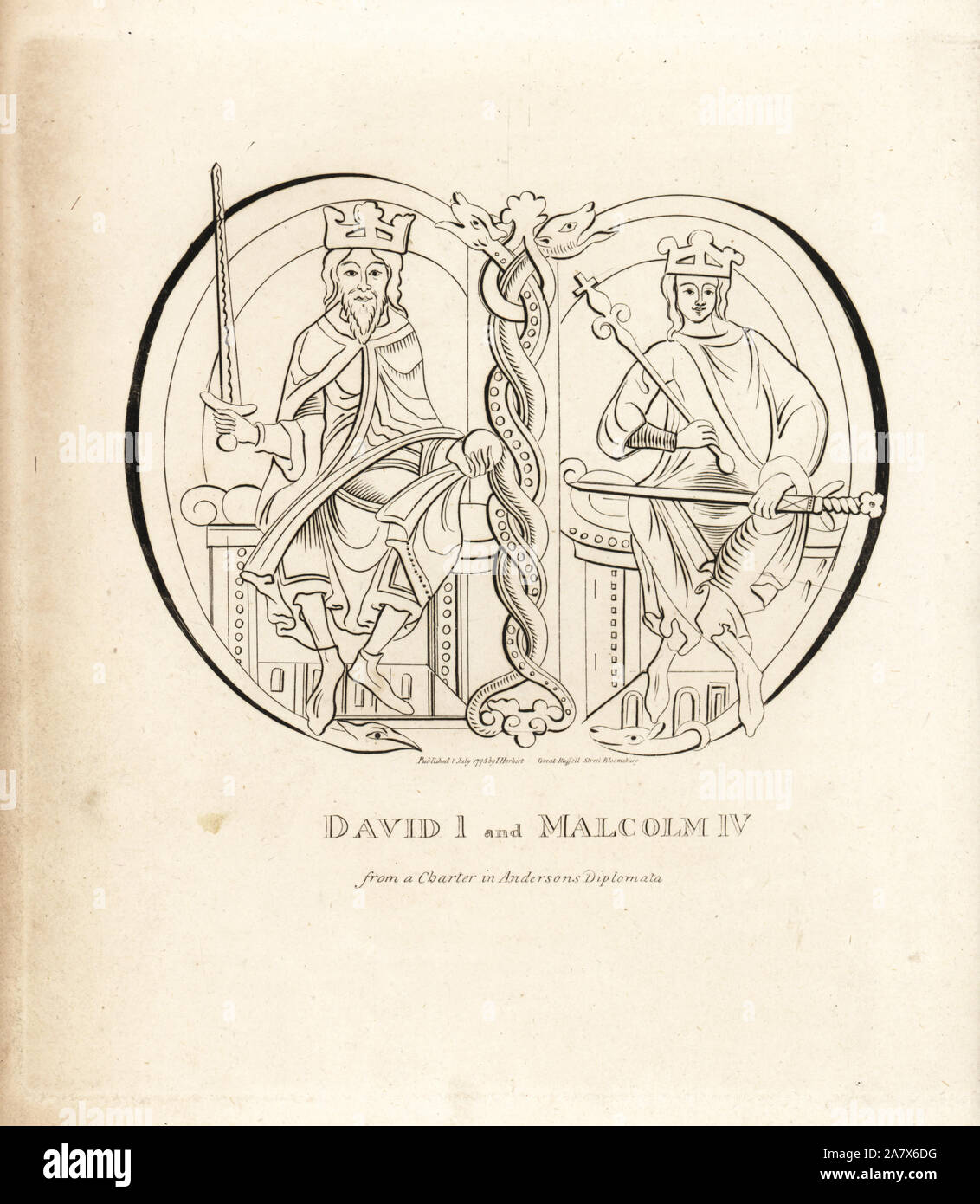 Il re Davide I (1084-1153) e King Malcolm IV di Scozia (1141-1165), da una carta in Anderson's diplomata. Incisione su rame da John Pinkerton's Iconographia Scotica, o ritratti di personaggi illustri della Scozia, Londra, 1797. Foto Stock