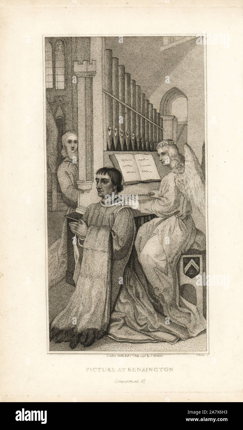 Il confessore di Margherita di Danimarca, Regina Di Giacomo III di Scozia, circa 1482, o forse Sir William Rogers, il grande musicista inglese. Gli angeli possono raffigurare il re James' sorelle Maria e Margaret. Incisione su rame da Birrell dopo la pittura in Kensington da Hugo van der Goes da John Pinkerton's Iconographia Scotica, o ritratti di personaggi illustri della Scozia, Londra, 1797. Foto Stock