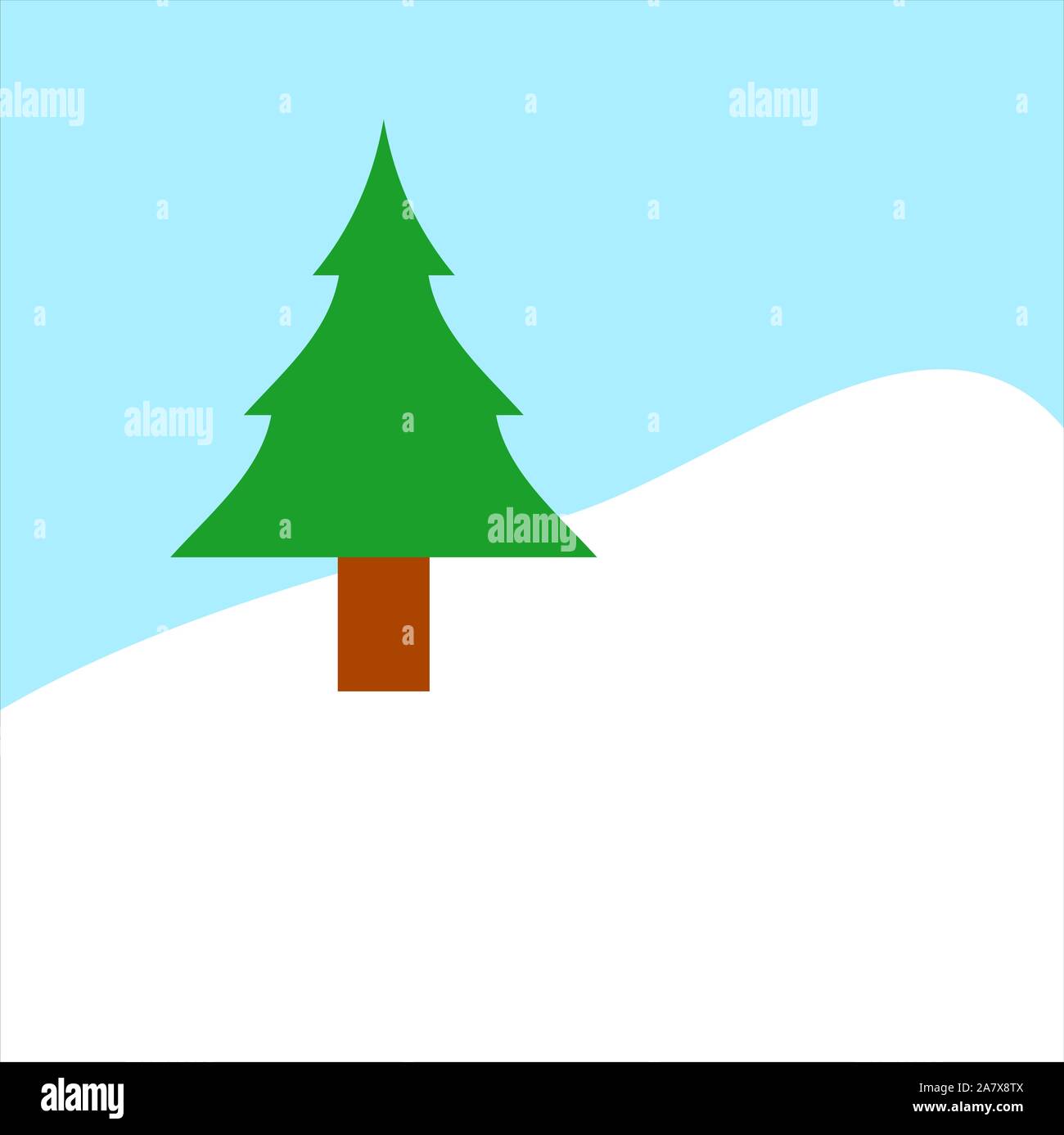 Pino su una collina ricoperta di neve e cielo blu in background, simbolo e concetto di Natale e inverno Illustrazione Vettoriale