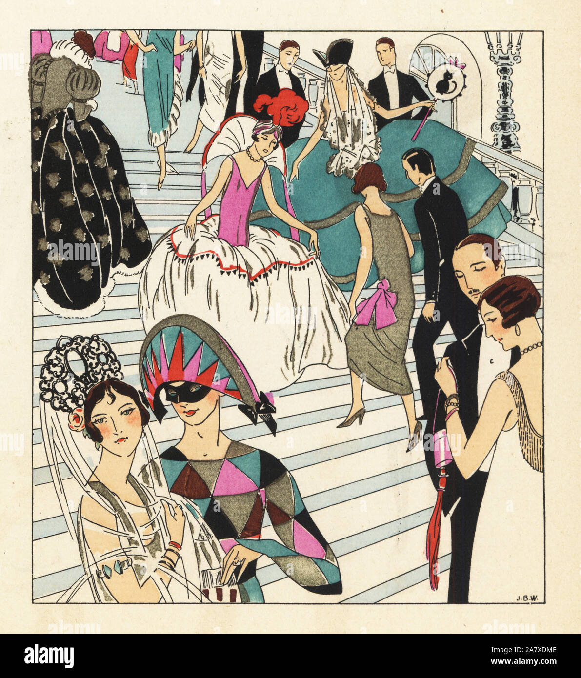 La gente alla moda salendo una rampa di scale per un ballo in costume, abiti formali e tuxedos. Illustrazione di J.B.W. Pochoir Handcolored (stencil) litografia dal lusso francese rivista di moda arte, gotta, Beaute, 1925. Foto Stock