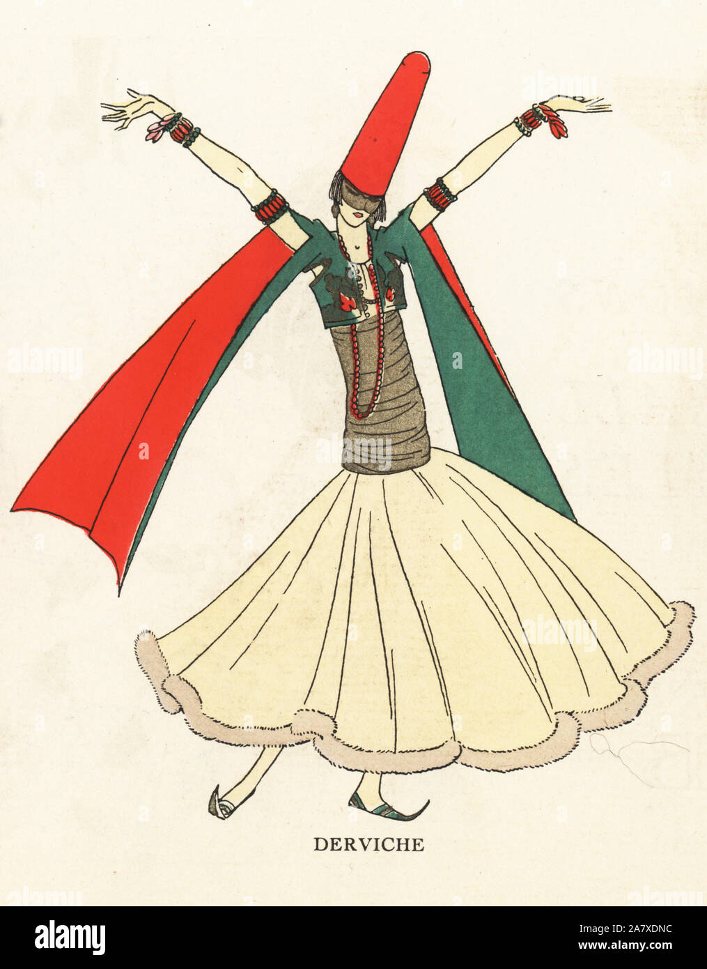 Donna in costume costume di un derviscio armato. Pochoir Handcolored (stencil) litografia dal lusso francese rivista di moda arte, gotta, Beaute, 1925. Foto Stock