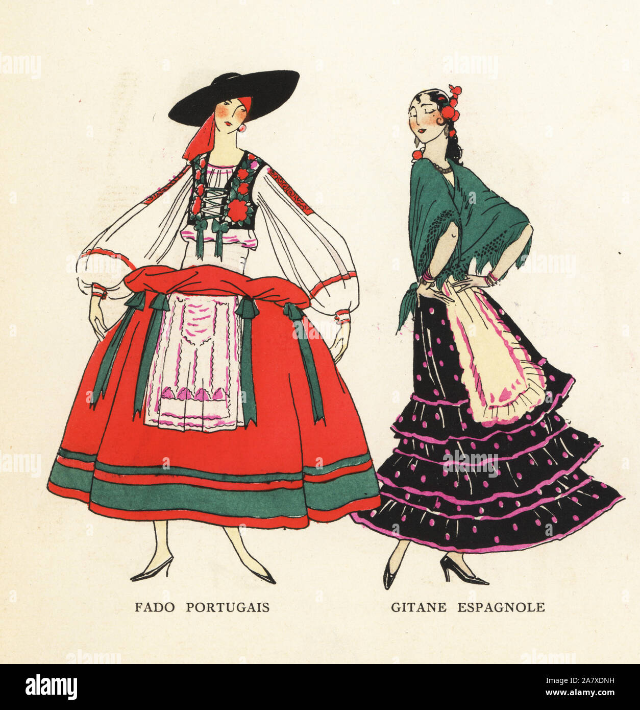 Le donne in abiti fantasiosi costumi di fado portoghese e uno zingaro spagnolo. Pochoir Handcolored (stencil) litografia dal lusso francese rivista di moda arte, gotta, Beaute, 1925. Foto Stock