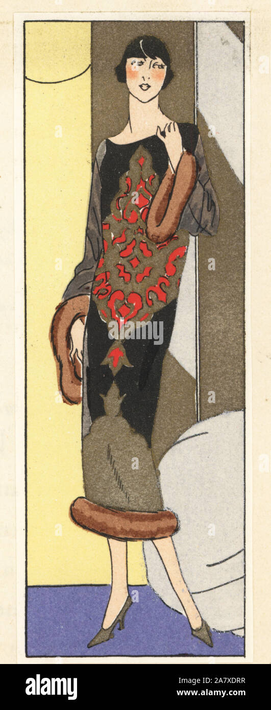 La donna in abito da sera di raso nero crêpe con rivestimento in pelliccia. Pochoir Handcolored (stencil) litografia dal lusso francese rivista di moda arte, gotta, Beaute, 1925. Foto Stock