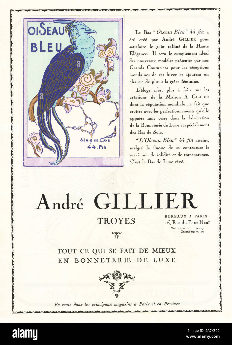 Pubblicità per OISEAU BLEU marca di calze di seta. Pochoir Handcolored (stencil) litografia dal lusso francese rivista di moda arte, gotta, Beaute, 1926. Foto Stock