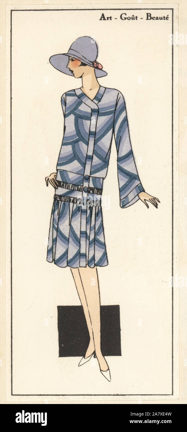 La donna nel pomeriggio abito camaieu in seta stampata. Pochoir Handcolored (stencil) litografia dal lusso francese rivista di moda arte, gotta, Beaute, 1927. Foto Stock