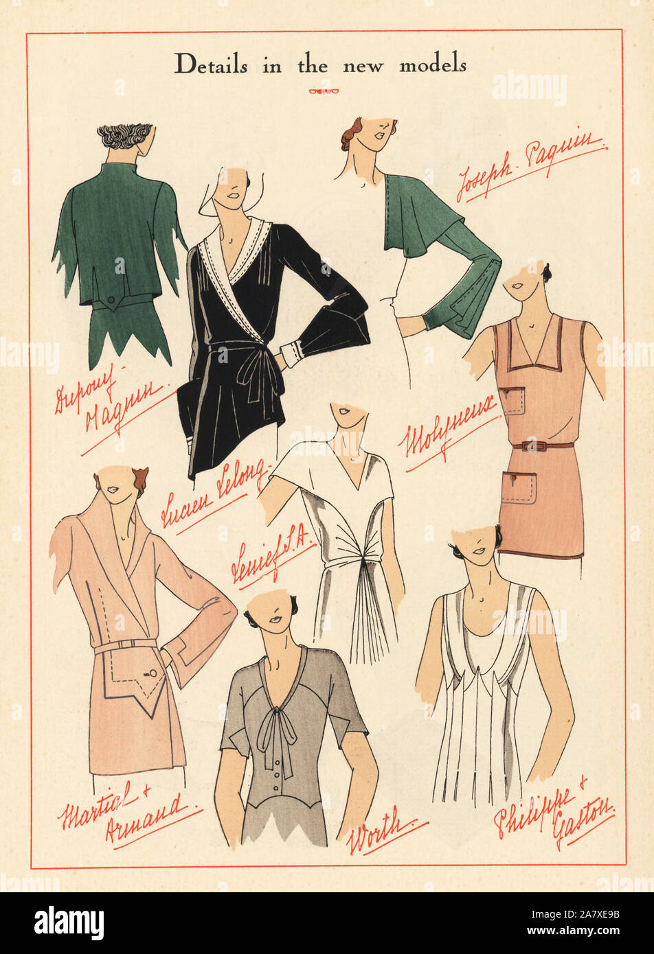 Dettagli di moda in abiti, manicotti e collari, scollature, ecc. dell'anno 1931. Pochoir Handcolored (stencil) litografia dal lusso francese rivista di moda arte, gotta, Beaute, 1931. Foto Stock