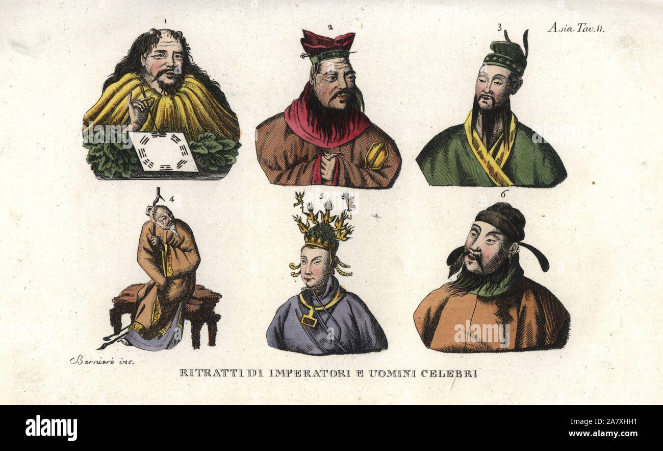 Ritratti di imperatori cinesi e uomini illustri tra cui il righello dio Fo-hi 1, filosofo Confucio 2, il bookburner Qin Shi Huang 3, lo scrittore Fo-chen 4, imperatrice Wu Zetian 5 e l'imperatore Taizong, fondatore della dinastia Tang 6. Handcolored incisione su rame di Andrea Bernieri da Giulio Ferrario le antiche e moderne costumi di tutti i popoli del mondo, Firenze, Italia, 1843. Foto Stock