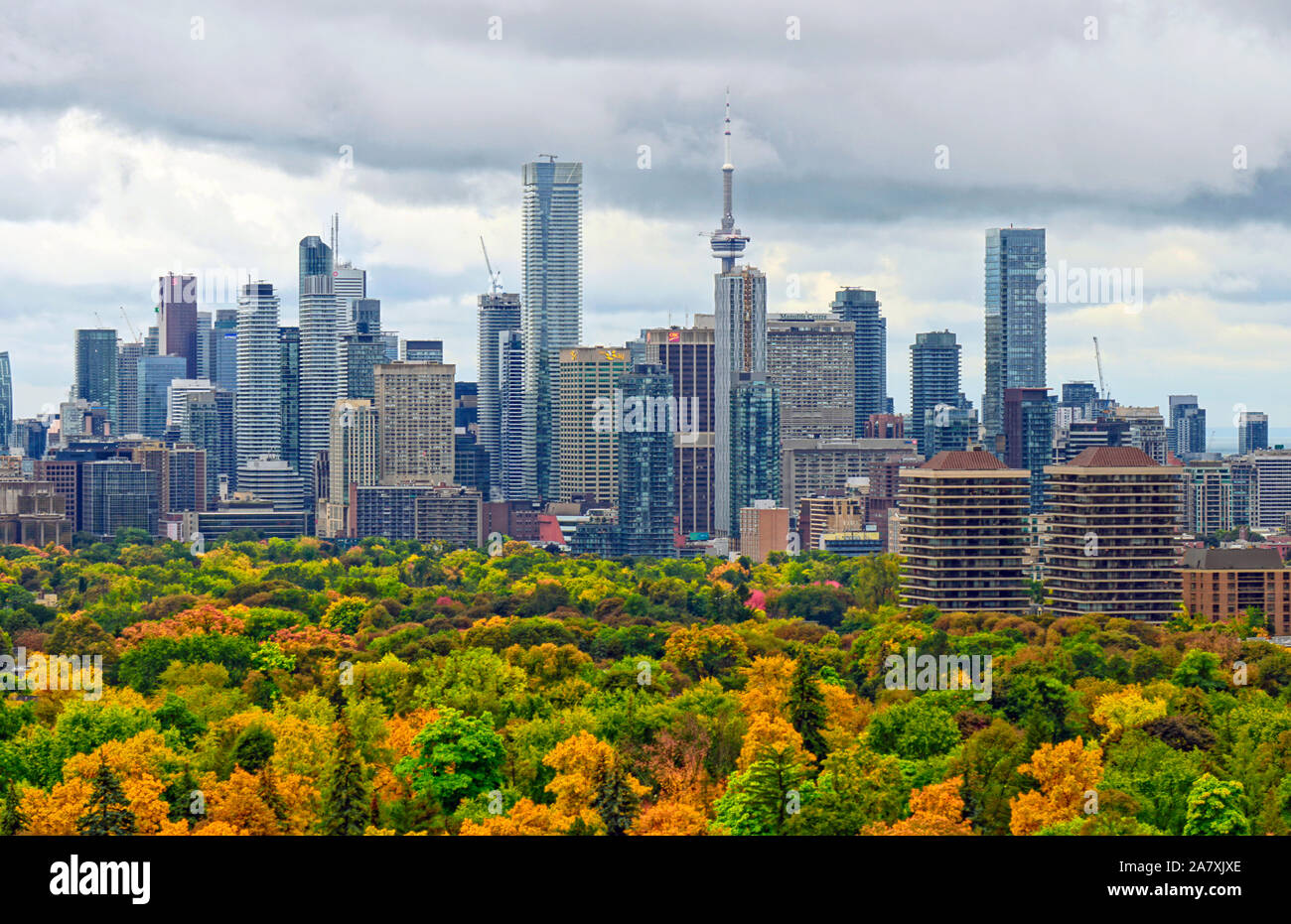 Toronto Downtown landmark edifici con brillante autunno autunno colori sotto nuvole temporalesche nel cielo Foto Stock