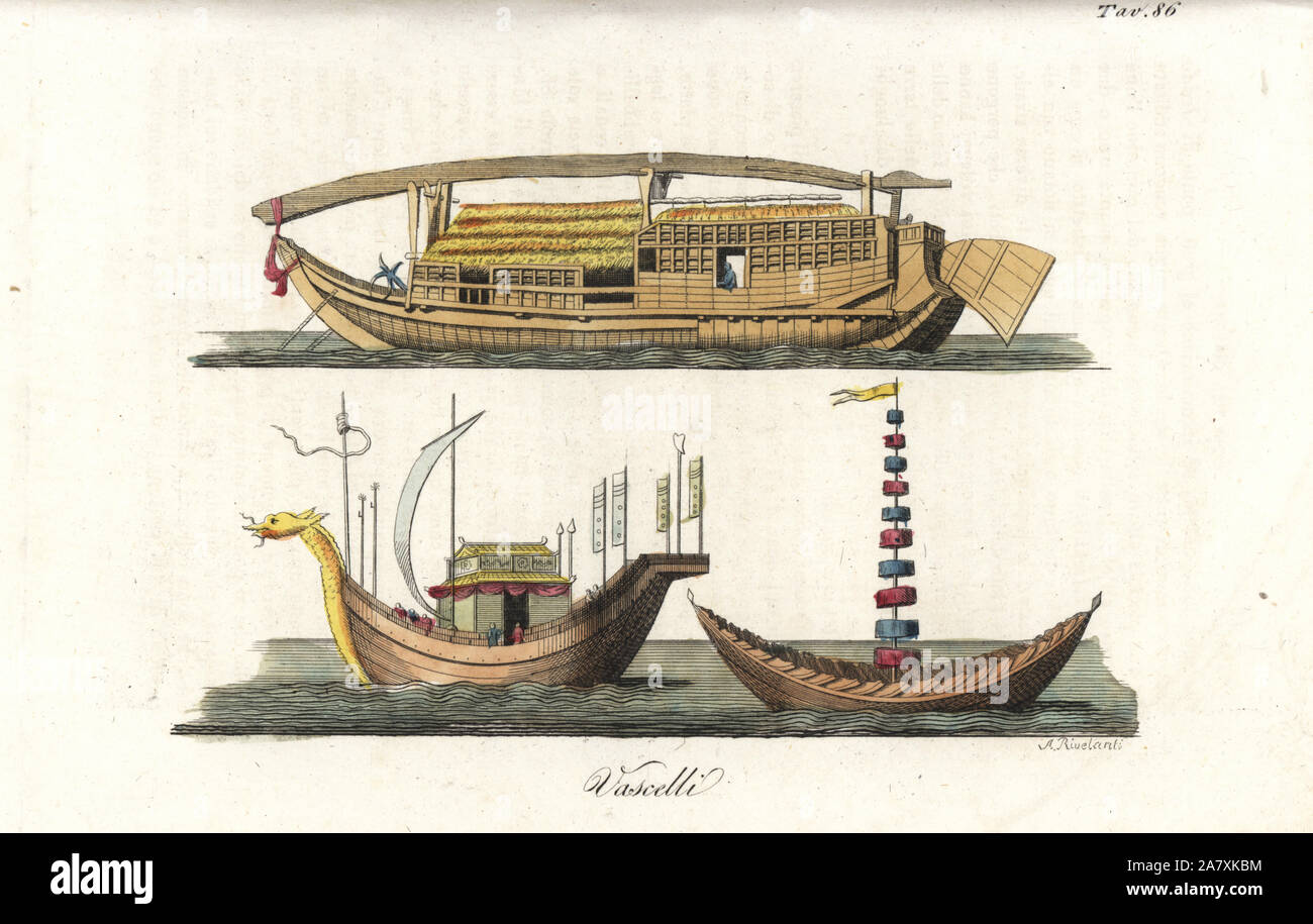 Navi Giapponesi e le navi mercantili e imbarcazioni da pesca, uno decorato con le bandiere e gli striscioni, uno con un piramidale di vela. Handcolored incisione su rame di Andrea Bernieri da Giulio Ferrrario il costume antico e moderno di tutti i popoli (Il Costume Antico e Moderno di tutti i Popoli), Firenze, 1842. Foto Stock