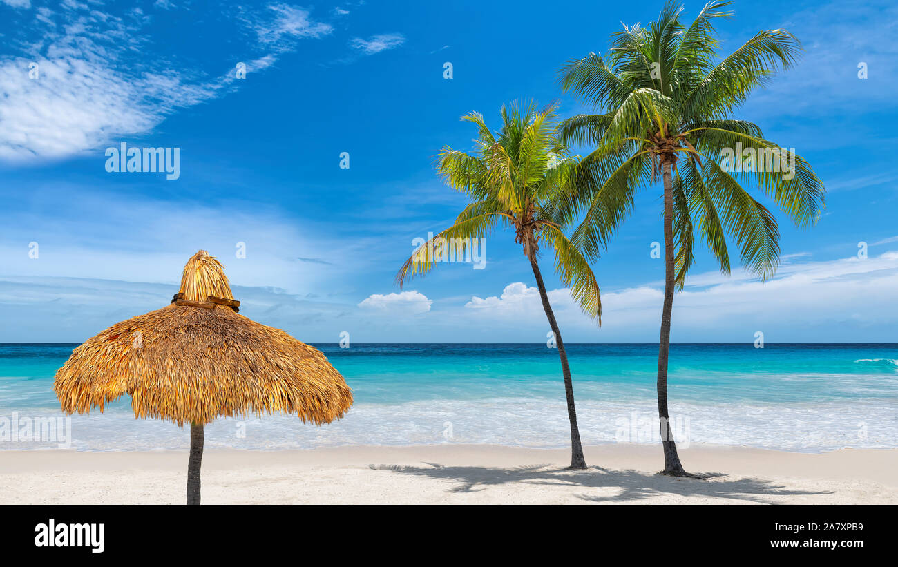 Ombrellone e le palme in isola dei Caraibi Foto Stock