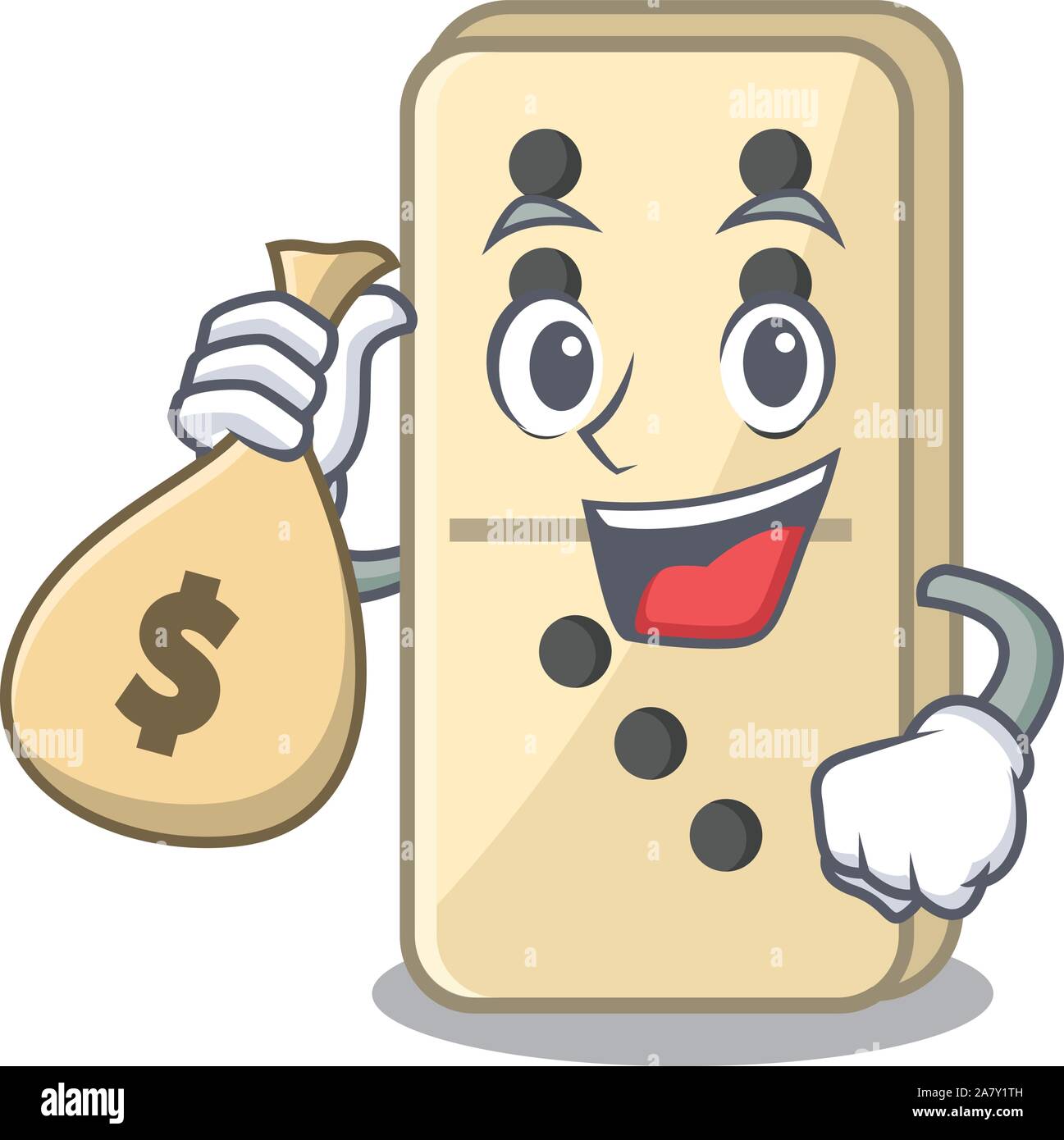 Cartoon di domino sul carattere carino ripiani azienda denaro sacchetto Illustrazione Vettoriale