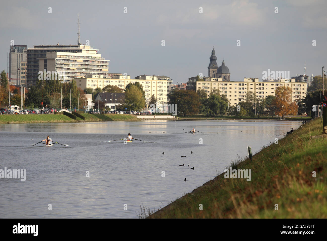 GENT, Belgio, 28 ottobre 2019: Vista di persone canottaggio sul "Blaarmeersen " lago nella città di Gent. Blaarmeersen è un importante sport e recreatio Foto Stock