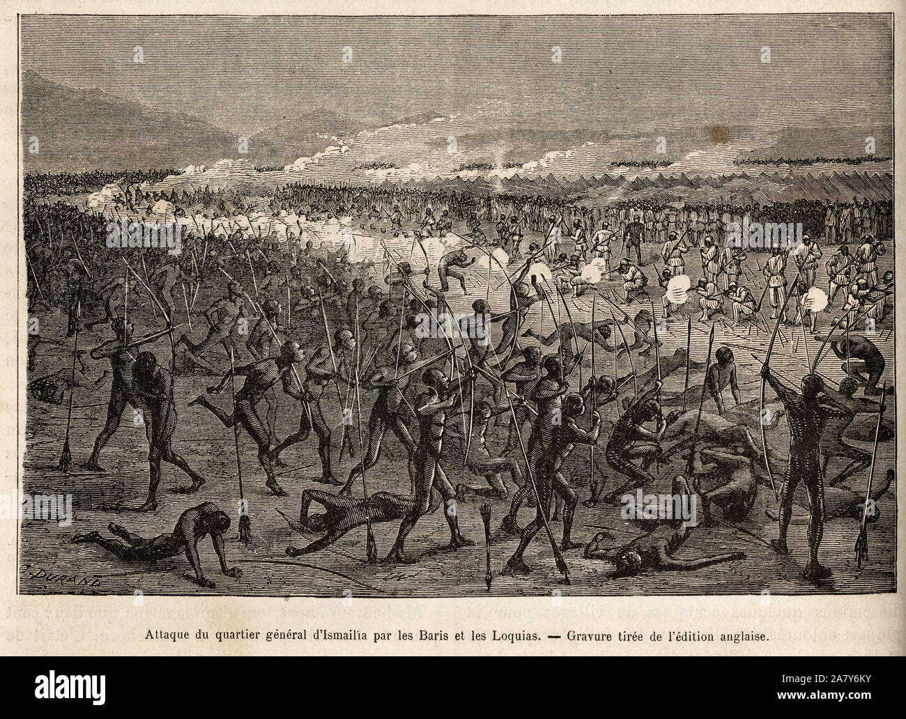 Attaque du quartier generale d'Ismailia (Egypte), par une Coalition des baris et des loquias armes d'arc et de fleches, l'expédition de sir Baker ripos Foto Stock