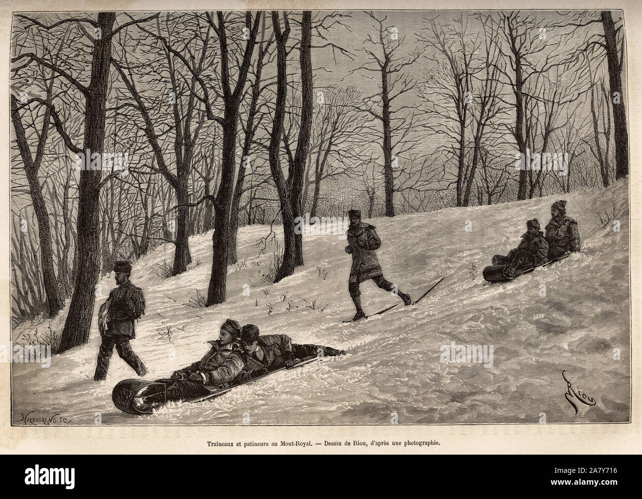 Luges et patineurs au plateau du Mont-Royal, pres de Montreal, rotocalco d'apres onu dessin de Riou, illustrant l'escursione au Canada et a la riviere Rou Foto Stock
