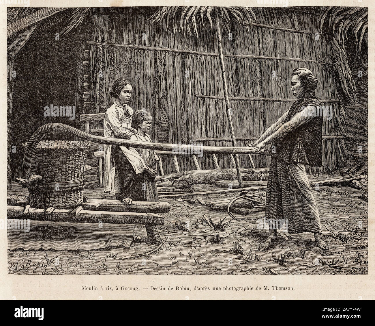 Le Moulin a riz, devant une maison de cultivateur un Gocong, rotocalcografia d'apres onu dessin de Robin, illustrant le Voyage en Cochinchine, par le docteur Mo Foto Stock