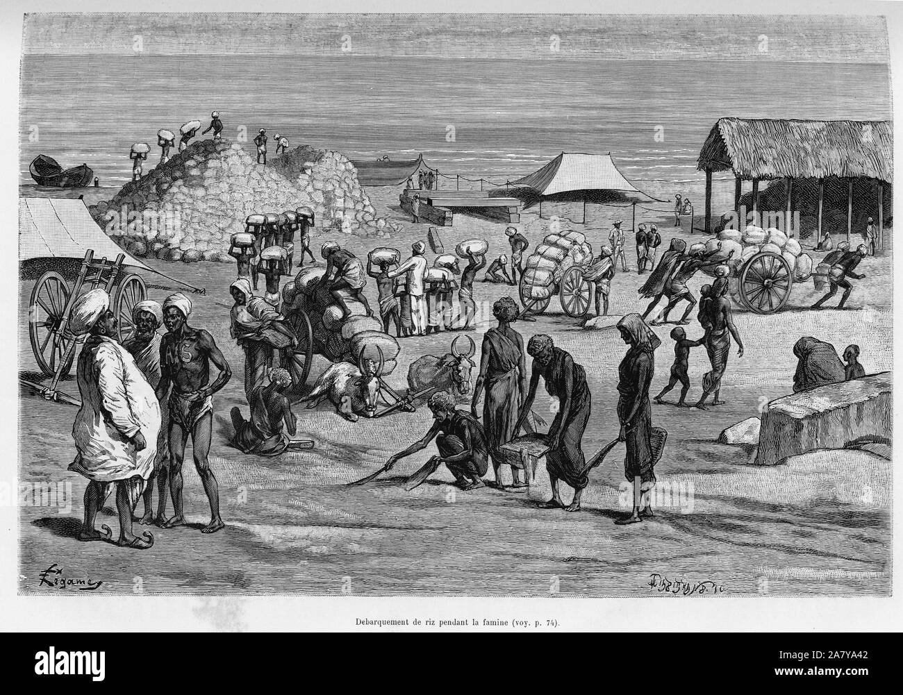 Debarquement de riz pendant la carestia. Il rotocalco de Felix Regamey, pour illustrer le recit Huit jours aux Indes par Emile Guimet , in Le Tour du monde Foto Stock