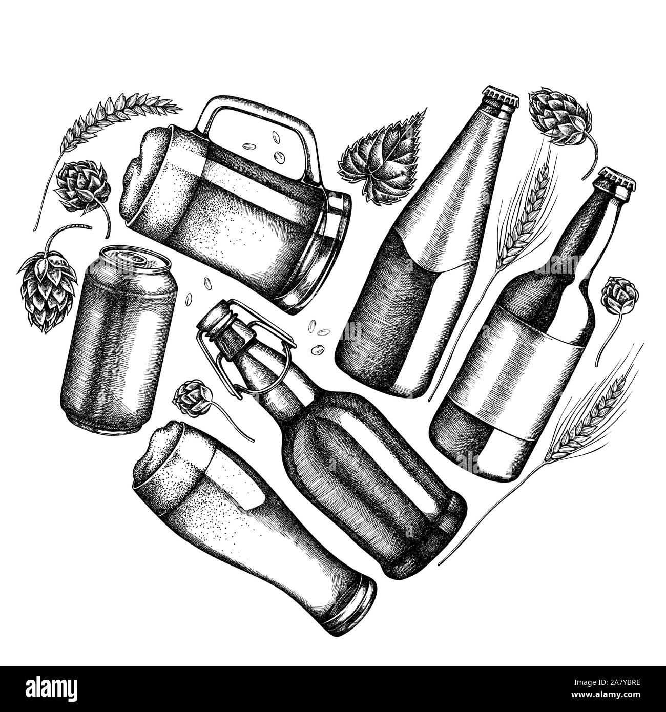 Cuore design floreale con in bianco e nero di segala, hop, boccale di birra, le bottiglie di birra, alluminio può stock illustrazione Illustrazione Vettoriale