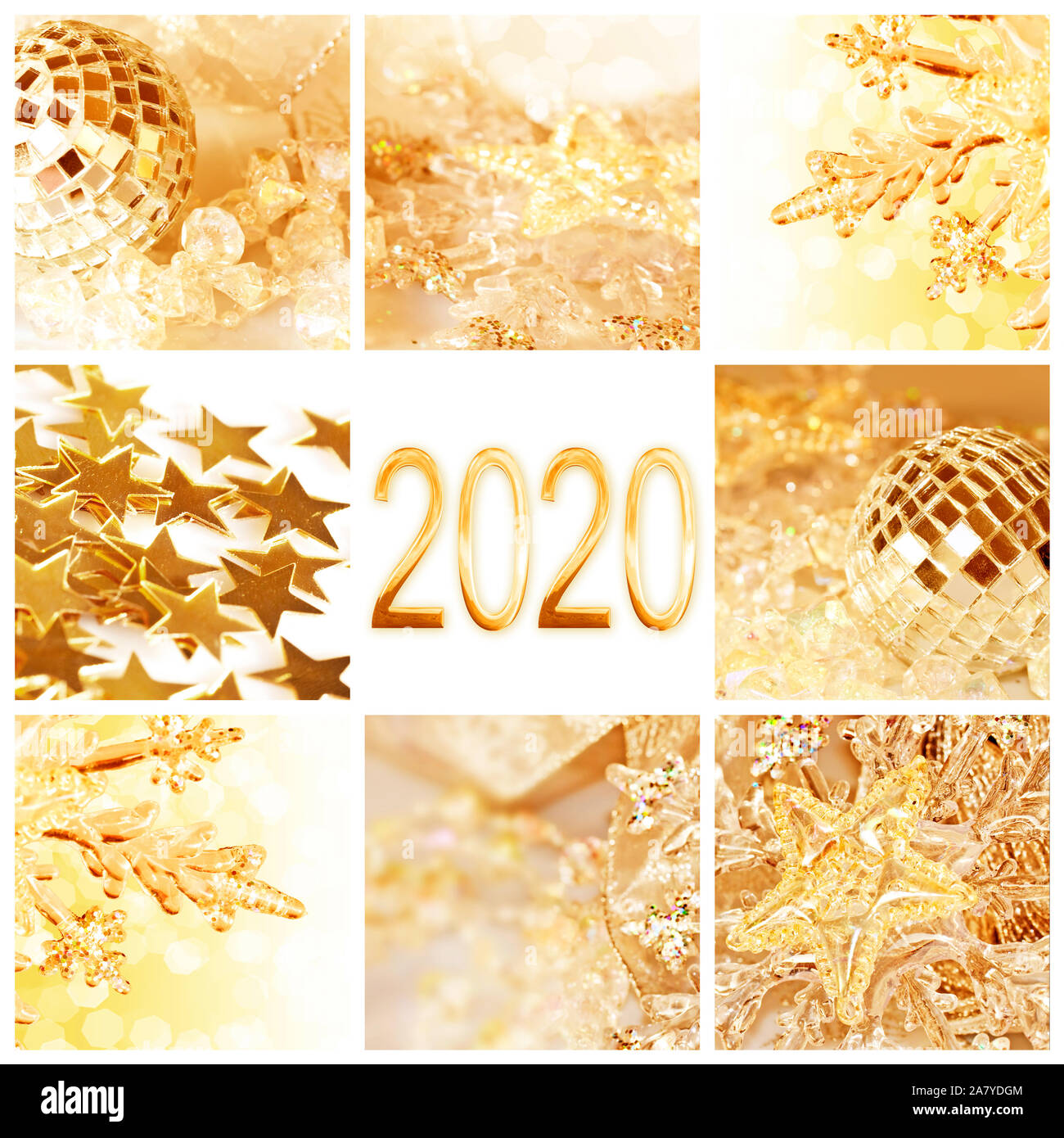 2020, Golden Ornamenti natale collage square anno nuovo e vacanze biglietto di auguri Foto Stock