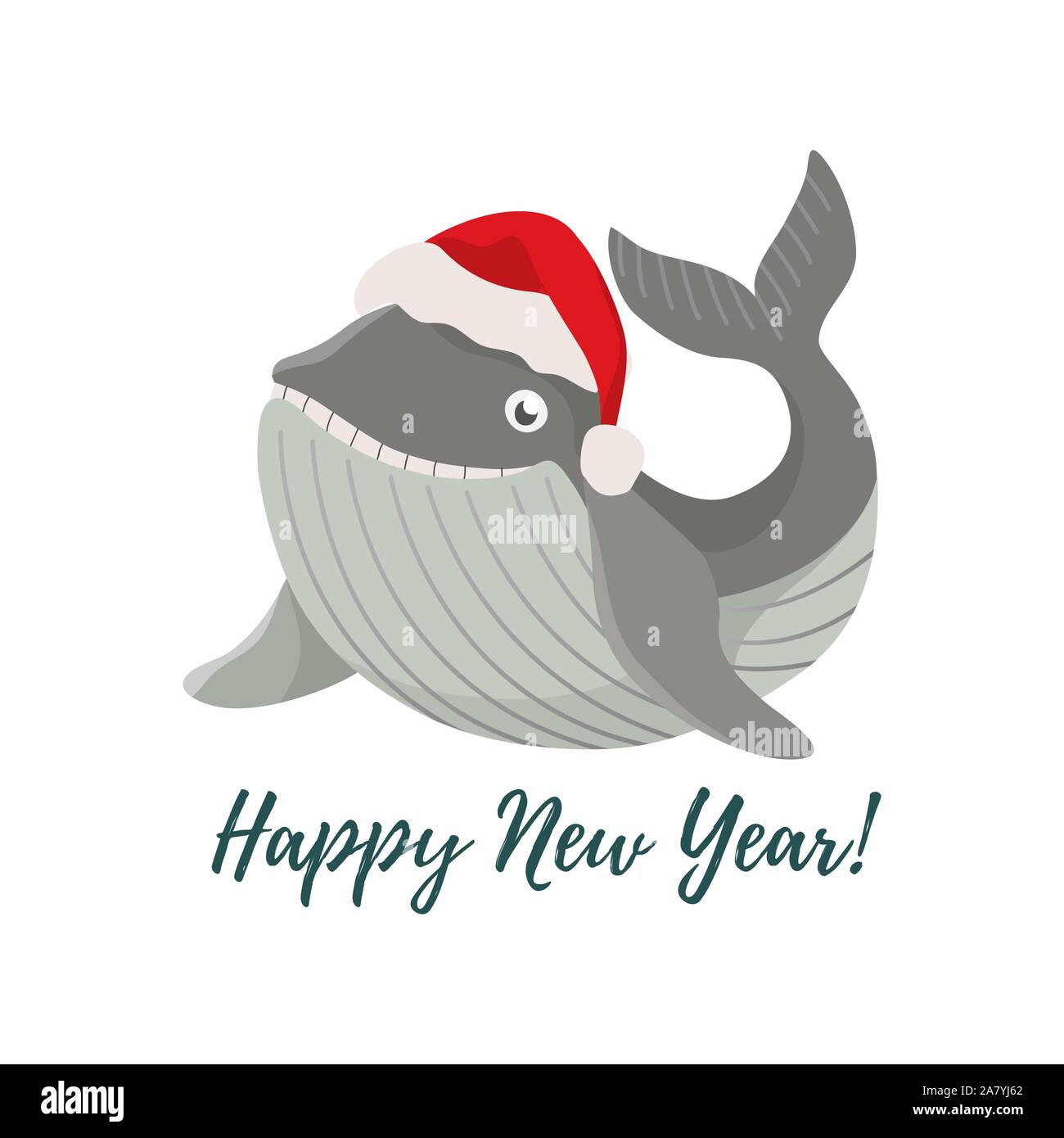 Buon Natale e Felice Anno Nuovo. Isolato cartoon sorridente balena in un rosso cappello di Natale. Vettore di Carini Illustrazione Vettoriale