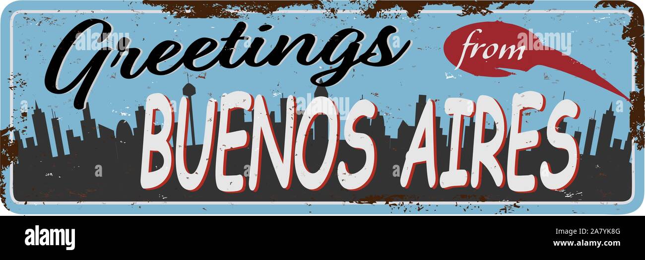 Buenos Aires Argentina retrò greeting card metallo arrugginito modello. Viaggi vintage stile comico segni impostato dal Sud America. Illustrazione Vettoriale