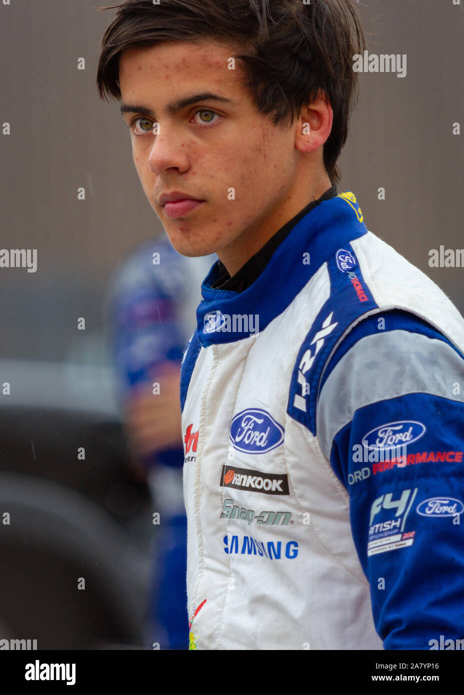 Roberto Faria dopo la prima gara della giornata. British F4. Ultimo fine settimana di gara della stagione. Brands Hatch, 12 Ottobre 2019 Foto Stock