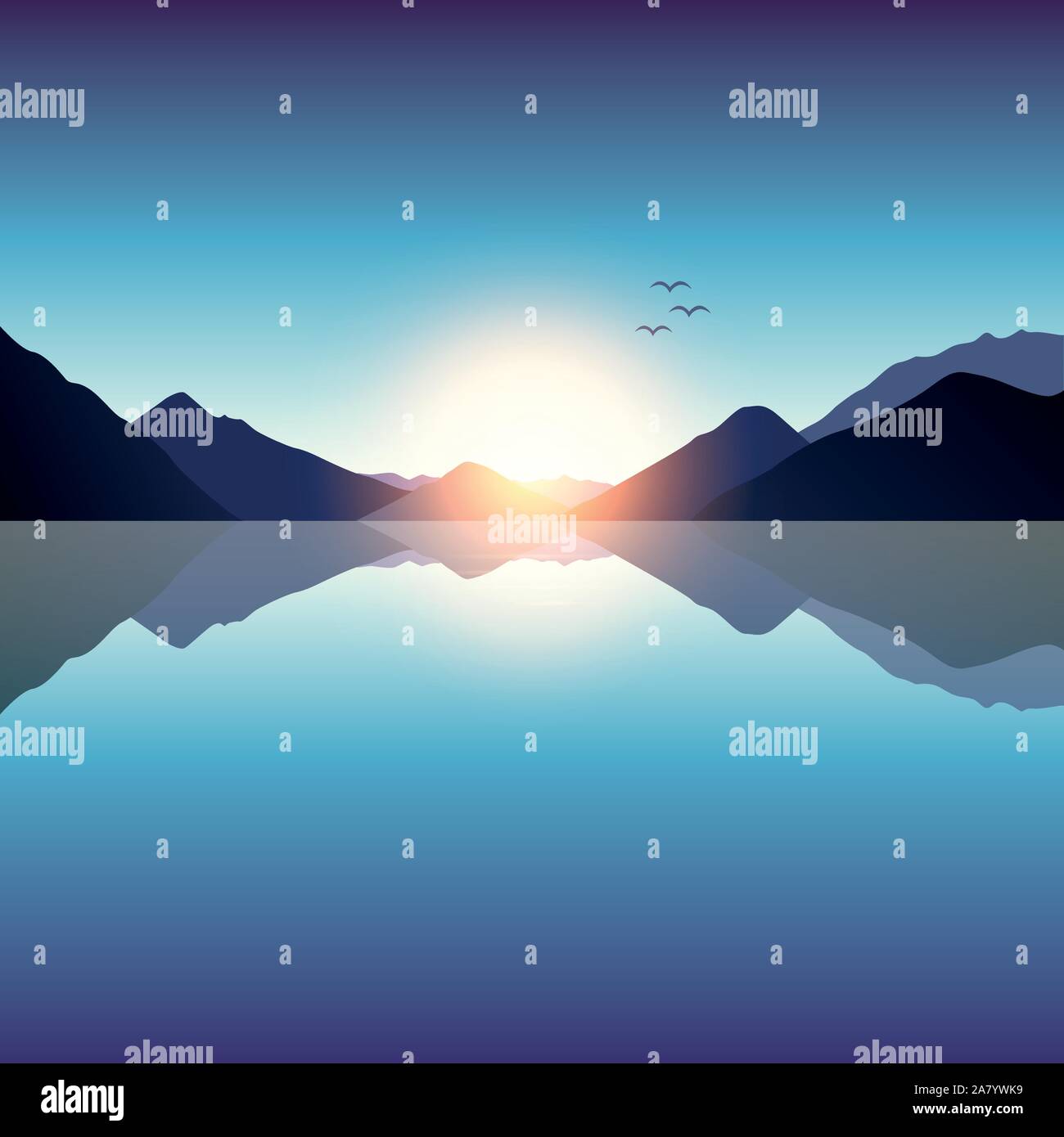 Romantico tramonto su blu oceano e montagna paesaggio illustrazione vettoriale EPS10 Illustrazione Vettoriale