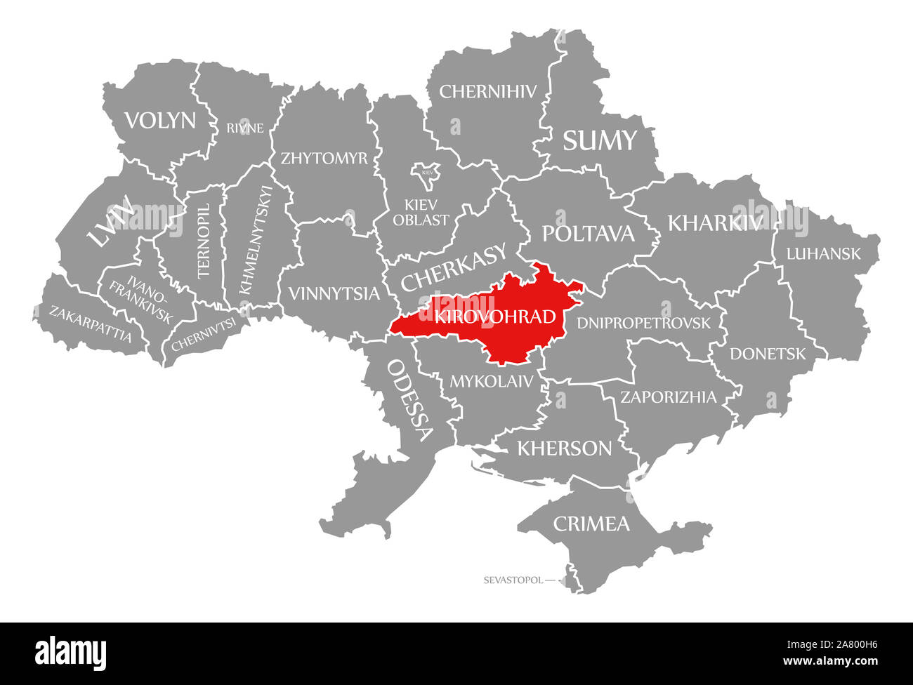 Kirovohrad evidenziata in rosso nella mappa dell'Ucraina Foto Stock