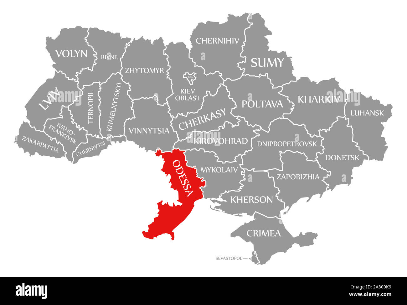 Odessa evidenziata in rosso nella mappa dell'Ucraina Foto Stock