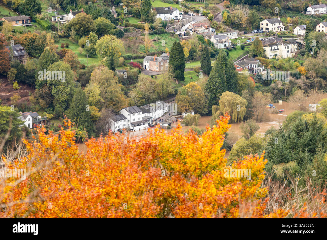 Symonds Yat West nella valle del Wye in autunno visto dalla Symonds Yat Rock, Herefordshire UK - Il fiume Wye è nel diluvio a causa delle pesanti piogge in Galles. Foto Stock