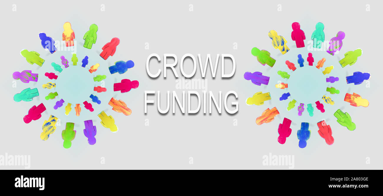 Banner, cerchio con figure colorate, parola inglese crowdfunding, concetto di avvio e di investimento Foto Stock