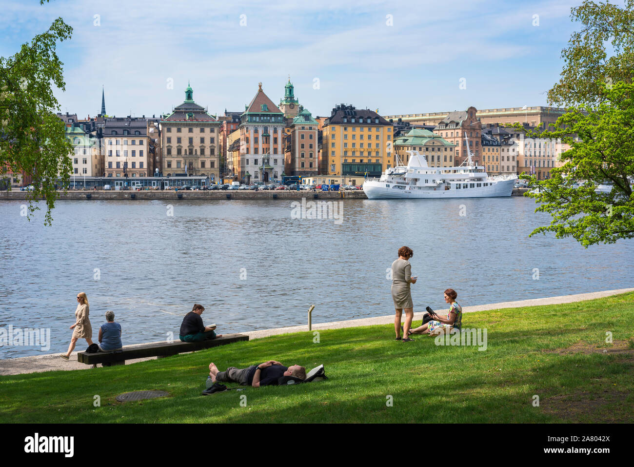 Skeppsholmen Stoccolma, vista in estate di persone relax nel Amiralitetsparken sull isola di Skeppsholmen con Gamla Stan in distanza, Stoccolma Foto Stock
