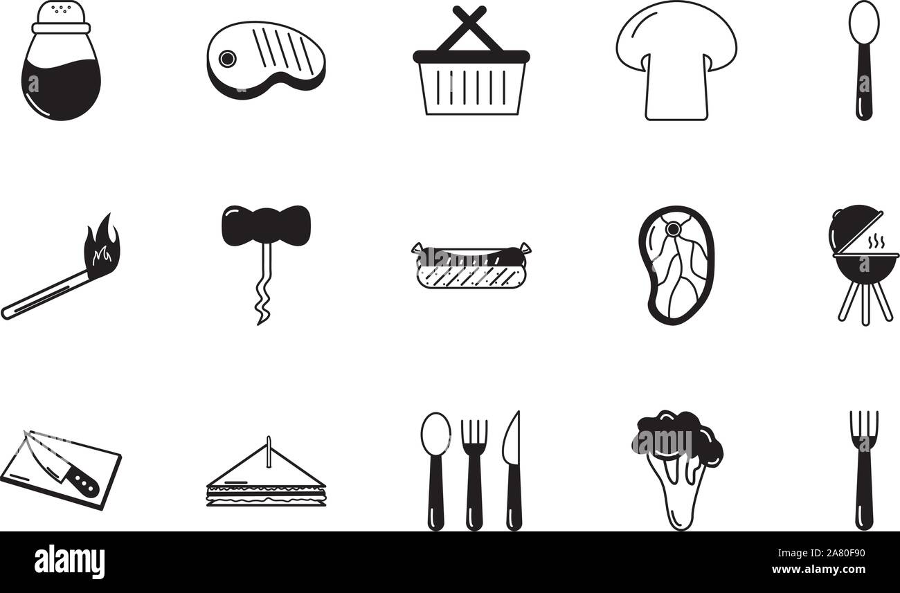 Barbecue attrezzature alimentari utensili set di icone illustrazione vettoriale Illustrazione Vettoriale