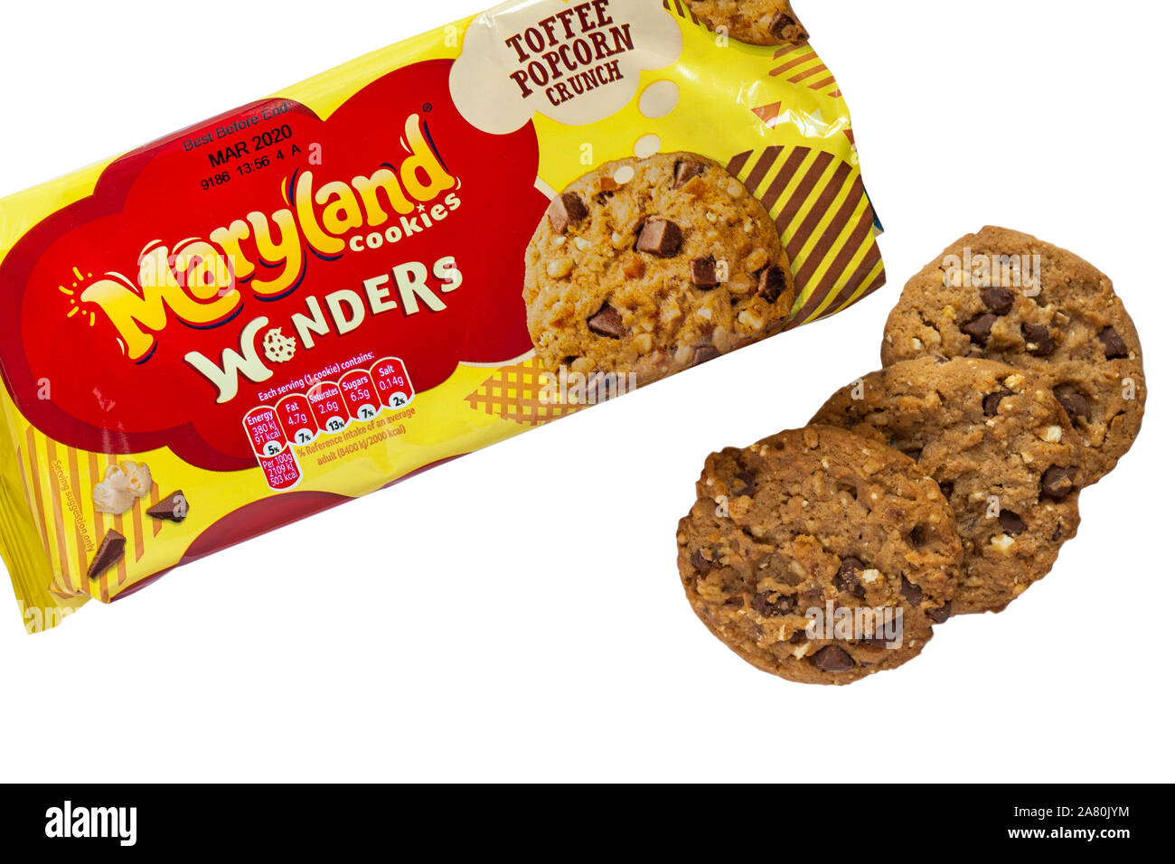 Pacchetto di Maryland cookies meraviglie toffee popcorn crunch aperto a con contenuto rimosso impostato su sfondo bianco Foto Stock