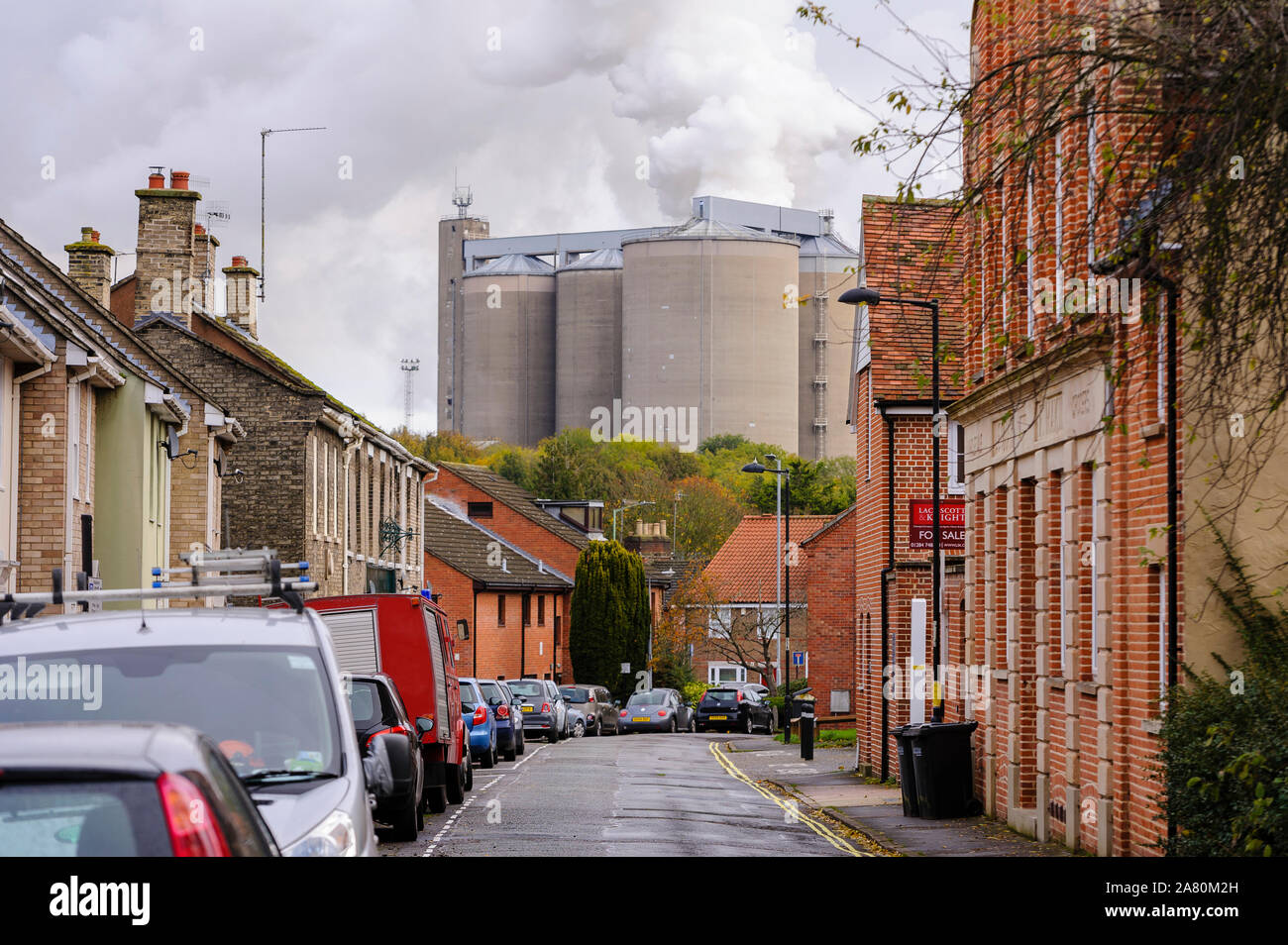 La vista delle torri di archiviazione adottata dalla lunga Brackland, delle torri di archiviazione delle barbabietole da zucchero di fabbrica di trasformazione di proprietà di British Sugar in Bury St Foto Stock