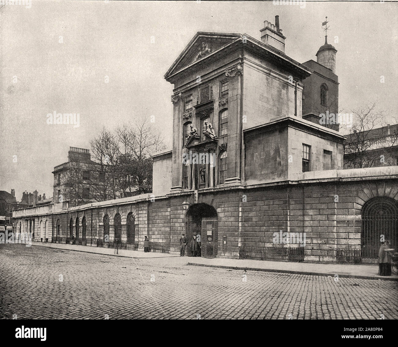 Da "L'Album descrittivo di Londra' da George H Birch 1896 - Estratto testo : ' ST. Bartolomeo's Hospital, nel West Smithfield, risale al 1123, quando è stato collegato il priorato adiacenti. Nel 1547, Enrico VIII •rifondata dopo la soppressione dei monasteri. L'ospedale come è oggi è stata costruita da Gibbs, 1730-33. Vi è una statua di Enrico VIII sul West Gate e una scritta sul muro che segna il punto in cui i martiri furono bruciati. Harvey, lo scopritore della circolazione del sangue, insegnava nella scuola medica collegato con l'ospedale. Il reddito annuale di Foto Stock