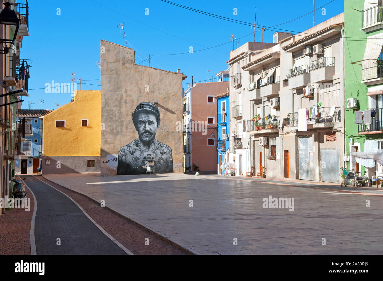 Arte di strada nel centro storico di Villajoyosa, (la Villajoyosa), Provincia di Alicante, Spagna Foto Stock