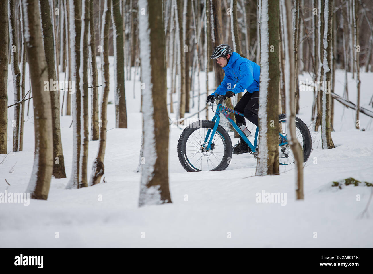 Fat biker in sella alla sua bicicletta nella neve durante l'inverno canadese Foto Stock