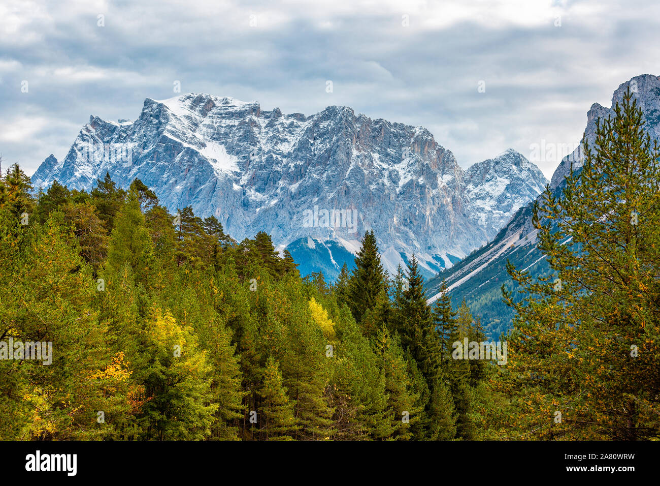 Colori d'autunno forest e cime innevate delle Alpi contro un pesante cielo molto nuvoloso Foto Stock