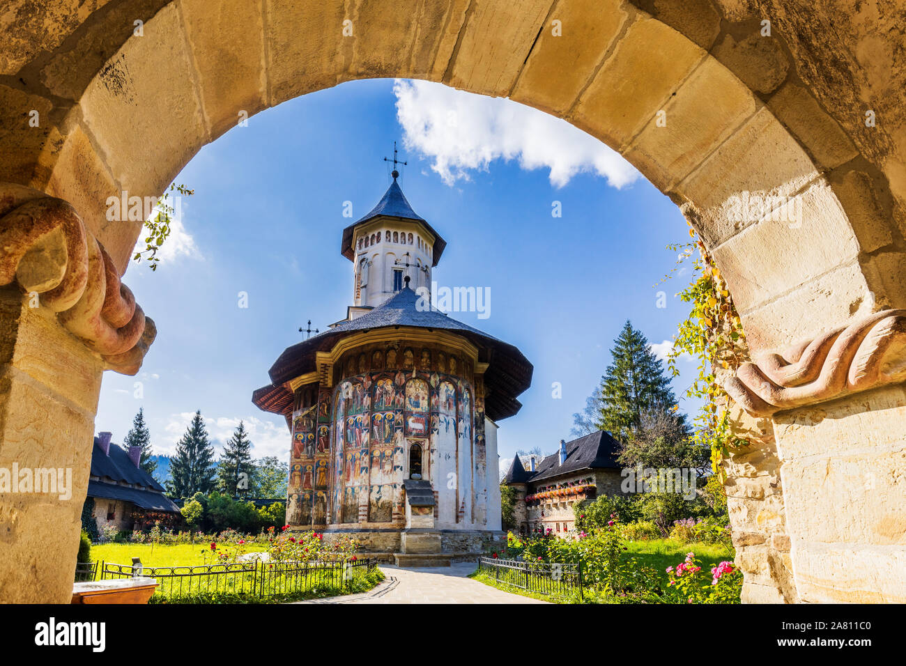 Il Monastero Moldovita, Romania. Uno dei rumeni monasteri ortodossi nel sud della Bucovina. Foto Stock