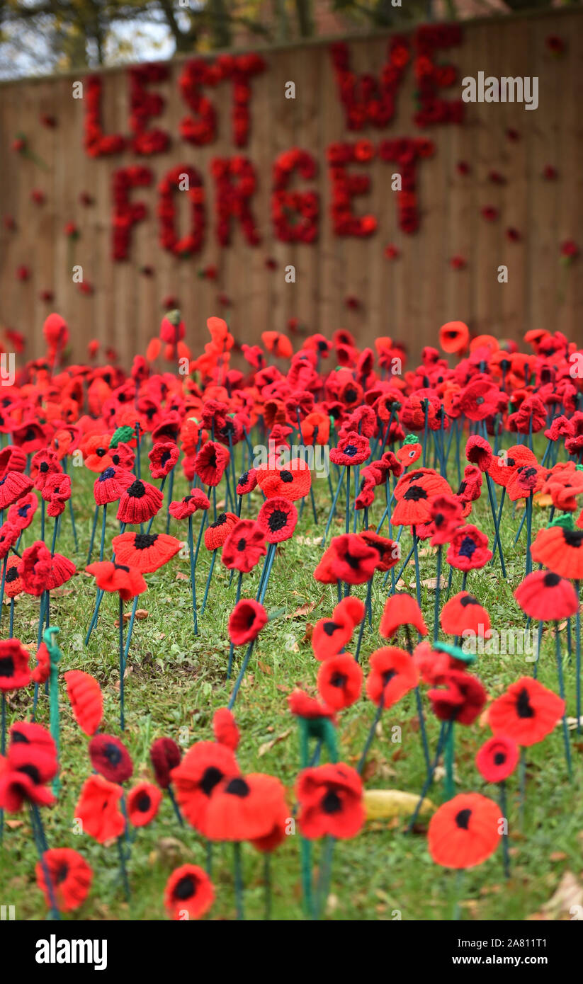 Un campo di papaveri a maglia di cui accanto al memoriale di guerra in Nunthorpe, venerdì 3 novembre 2017. Foto Stock