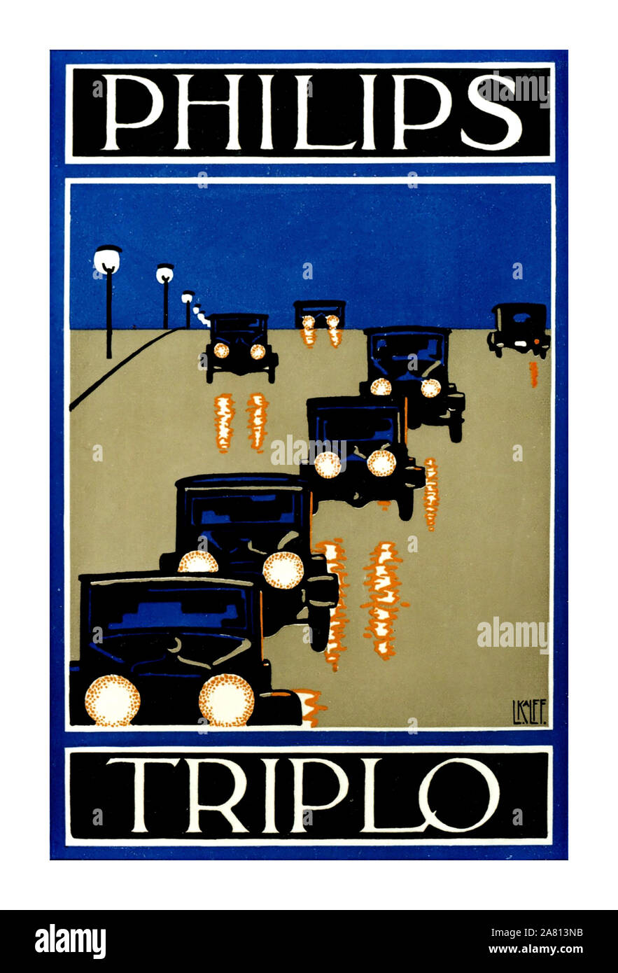 Vintage Pubblicità Philips Triplo auto Autolamp proiettore 1930's poster pubblicitario di Louis Kalff artista Designer Foto Stock