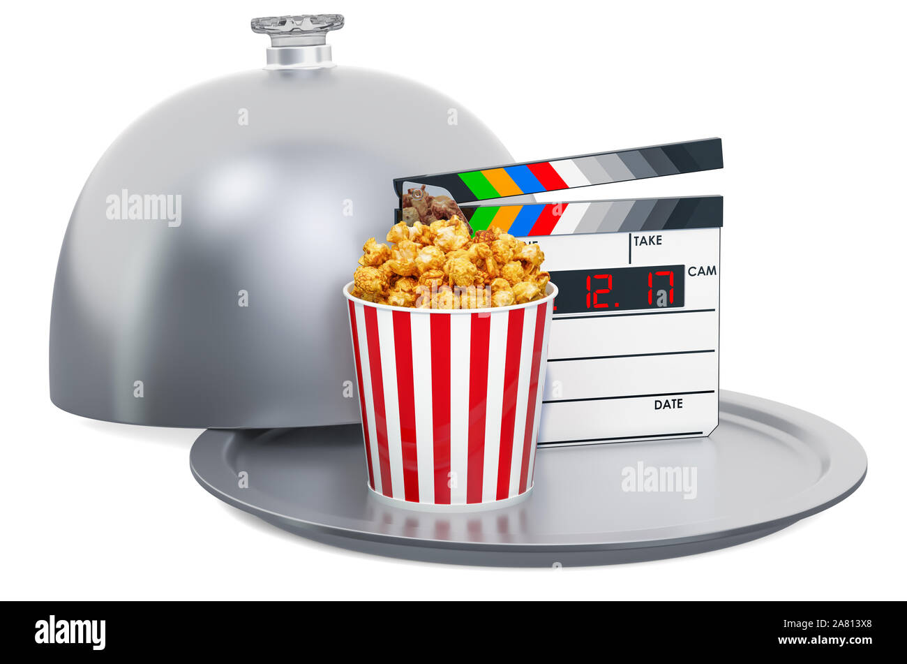 Ristorante cloche con clapperboard e popcorn contenitore. Concetto di cinema, rendering 3D isolati su sfondo bianco Foto Stock