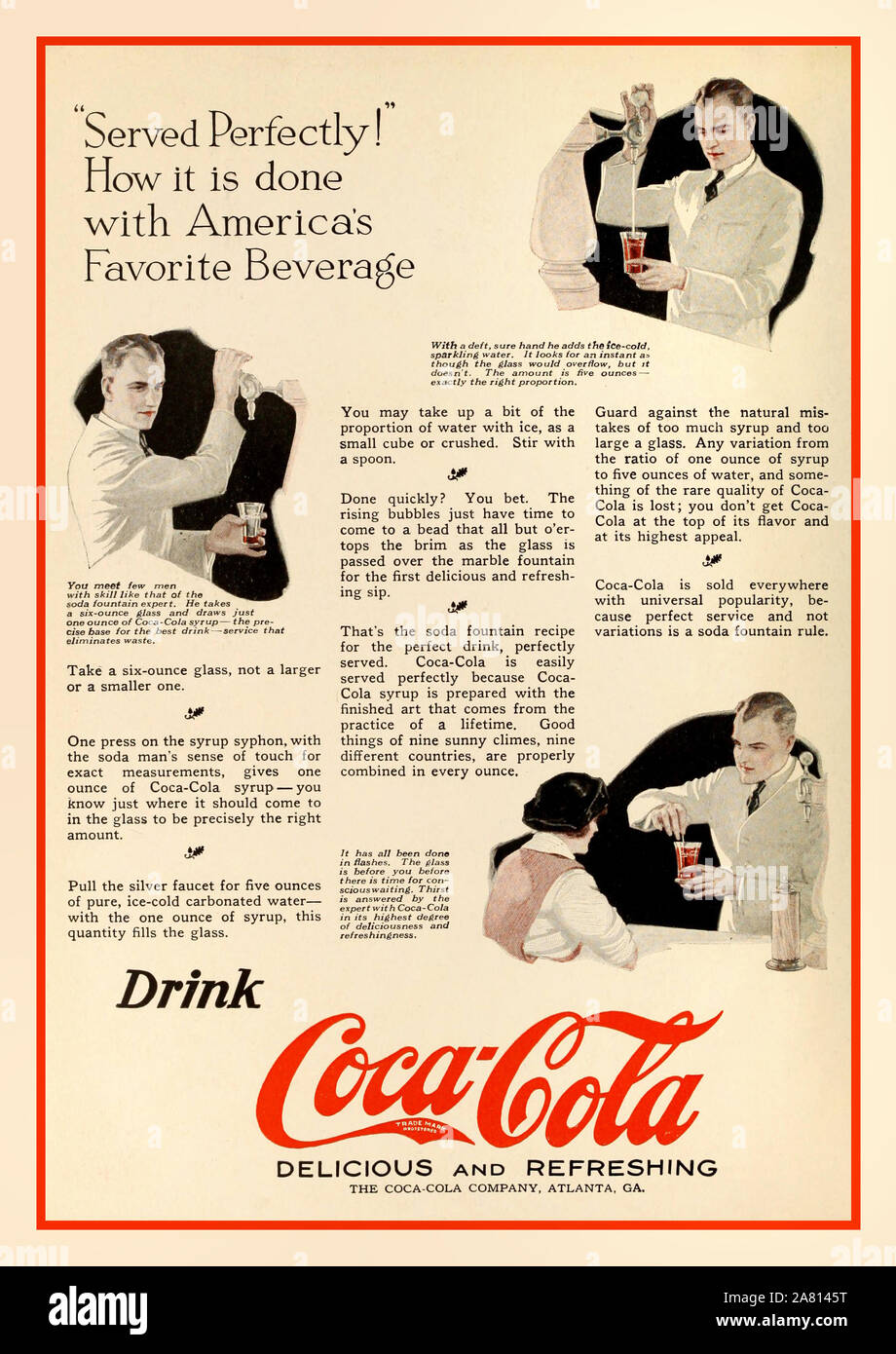 Vintage storico archivio Coca Cola Coke Ad 1920s Coca-Cola annuncio circa 1923 - Istruzioni su come rendere perfetto il coke . 'Served perfettamente ! Come si è fatto con le Americhe bevanda preferita". Foto Stock