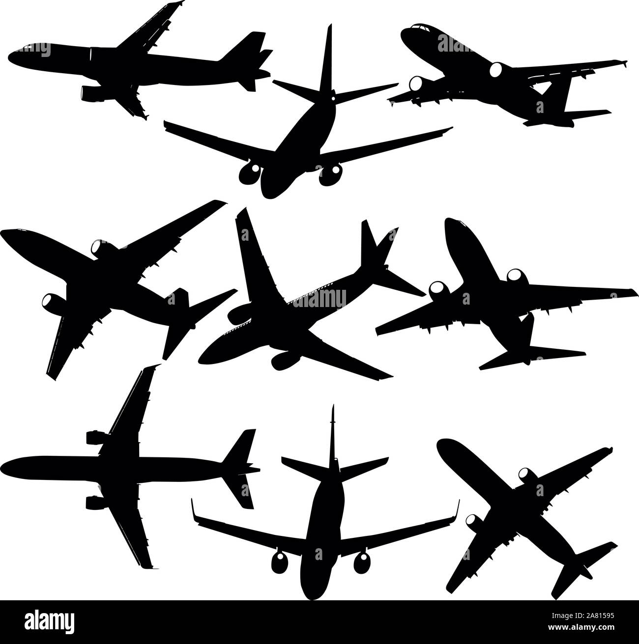 Set di sagome di aerei di epoche differenti su uno sfondo bianco. Illustrazione Vettoriale