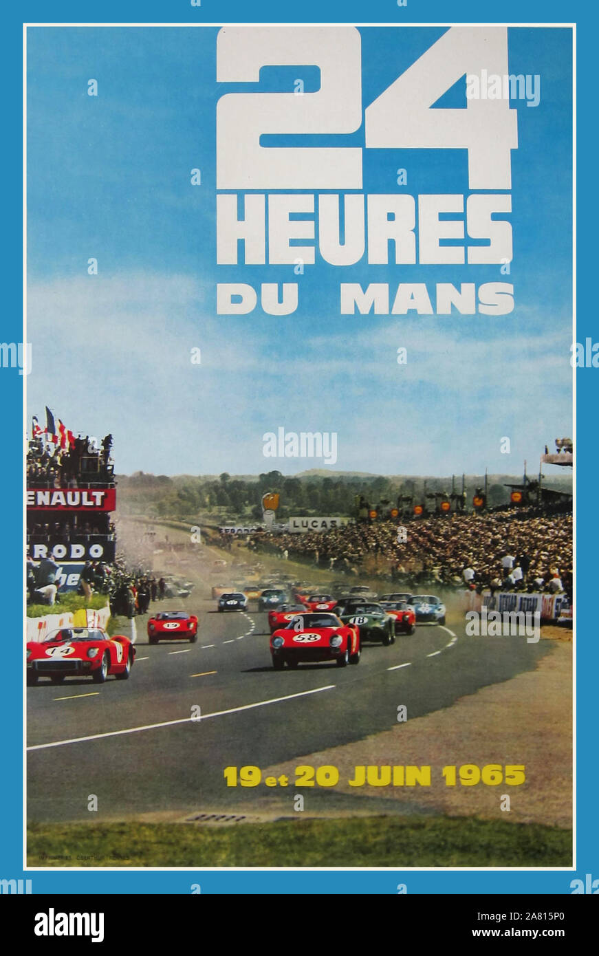 L'annata 1965 poster 24 Ore di Le Mans 24 Heures du Mans Endurance Gara automobilistica Giugno 19th/xx 1965 1965 24 Ore di Le Mans è stata la XXXIII Gran Premio di Endurance e ha avuto luogo il 19 e 20 giugno 1965. È stato anche il dodicesimo round del Mondiale Sportscar. Masten Gregory e Jochen Rindt è venuto prima di una Ferrari 250 LM Foto Stock