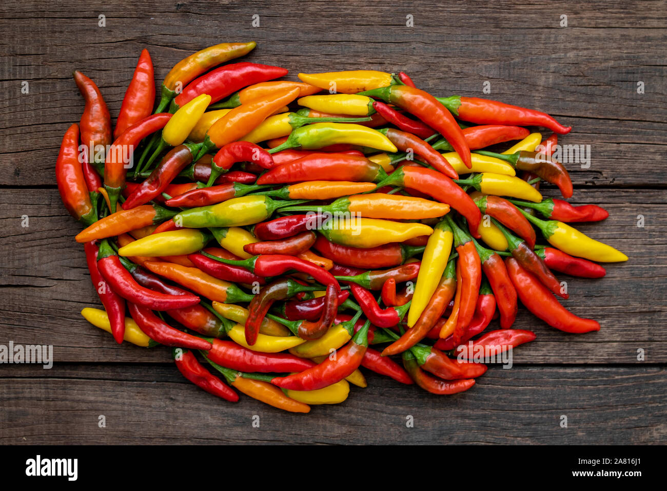 Colorate differenti varietà di peperoncini su sfondo di legno Foto Stock