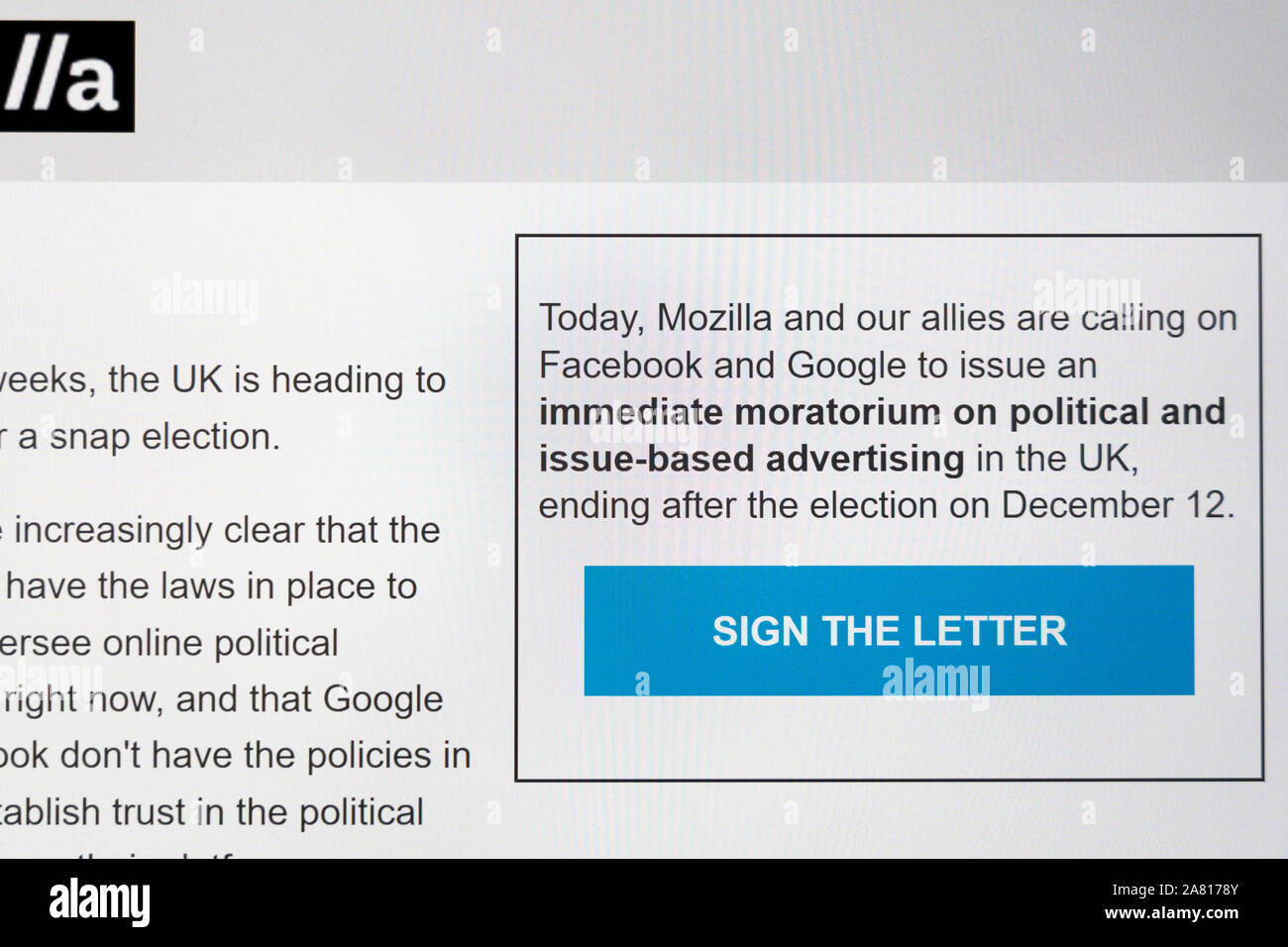 Una mail di richiesta di firmare una lettera aperta da Mozilla che chiede di Google e Facebook per un divieto di annunci politici prima della elezioni generali britanniche Foto Stock