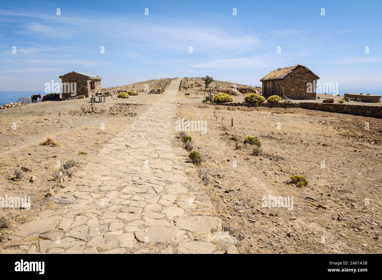 Caffè con viste stupende sul Challa comunità dell isola del sole nel Lago Titicaca, Bolivia Foto Stock