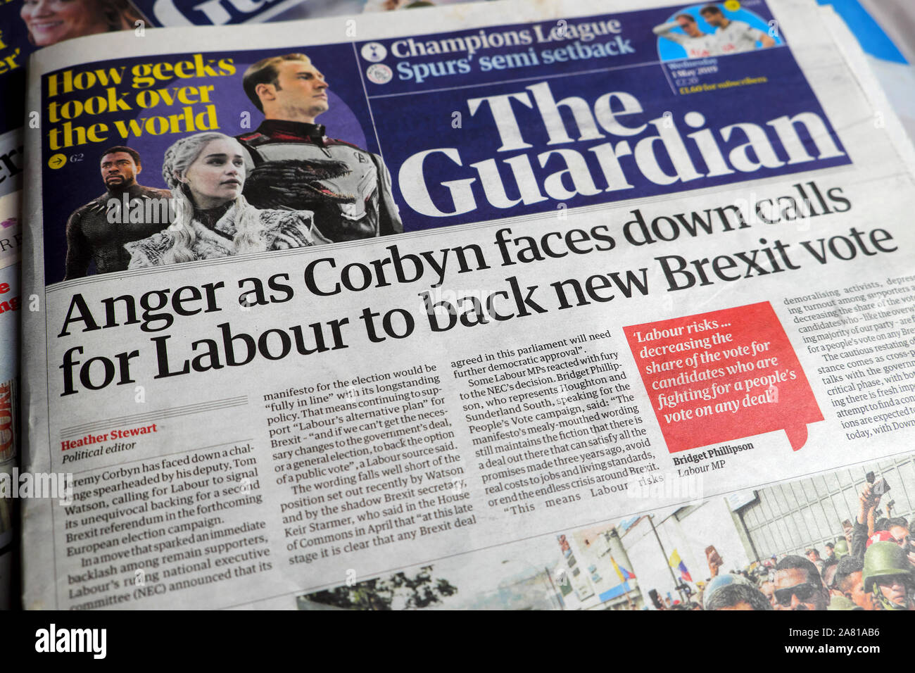 'Rabbia come Corbyn facce chiamate verso il basso per la manodopera per la schiena nuovo Brexit voto" nel maggio 2019 quotidiano Guardian front page headline Londra Inghilterra REGNO UNITO Foto Stock