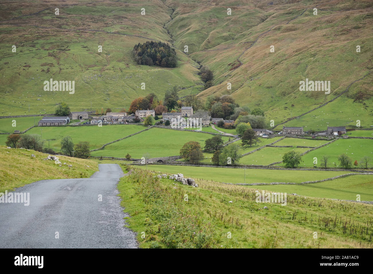 Strada per il pittoresco villaggio di Halton Gill immerso nella collina, Yorkshire Dales Foto Stock